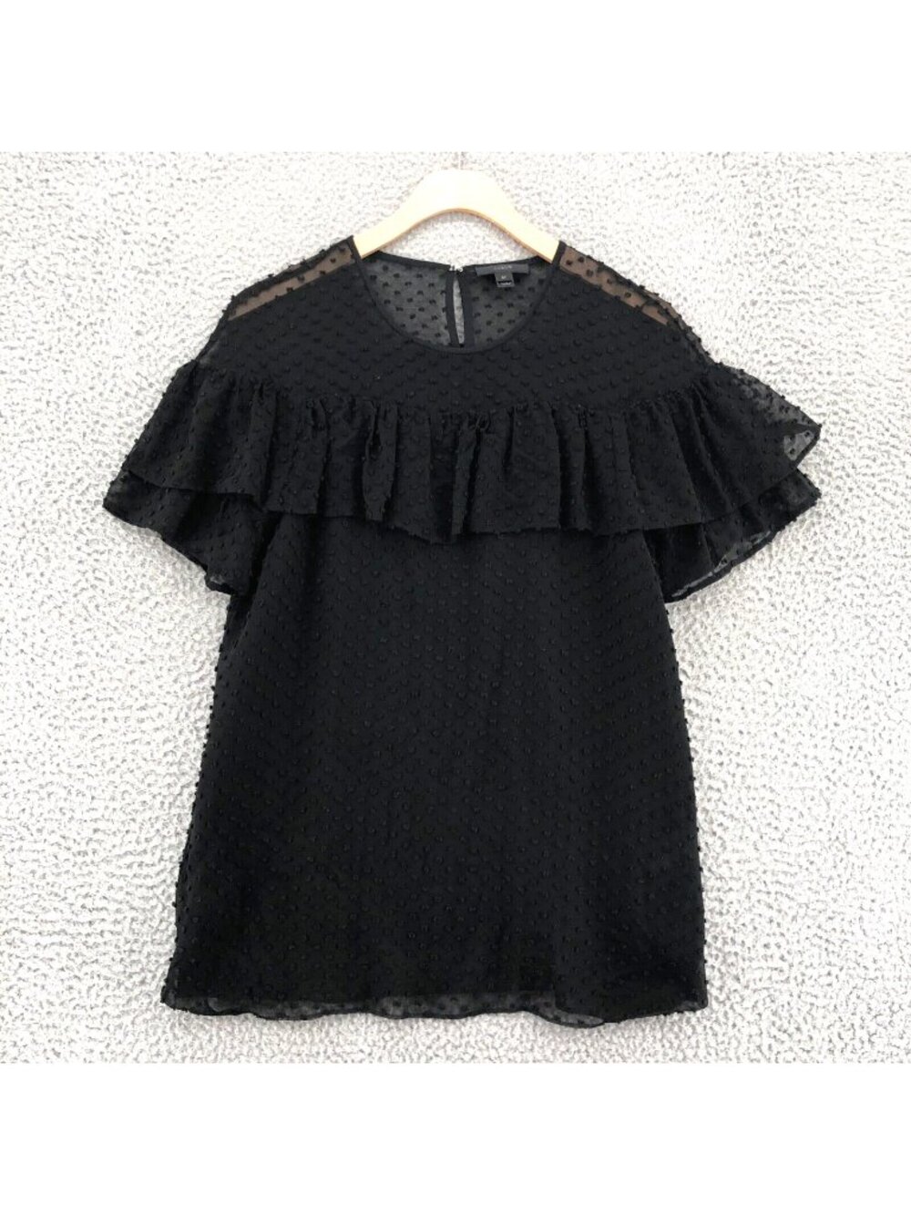 J Crew Top Womens 2 Tall Black Silk Swiss Dot Ruffle Layered Short Sleeve Blouse